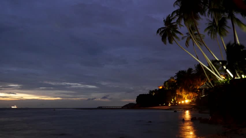 Restaurant At Tropical Beach At Night. Thailand. Koh Samui. Stock