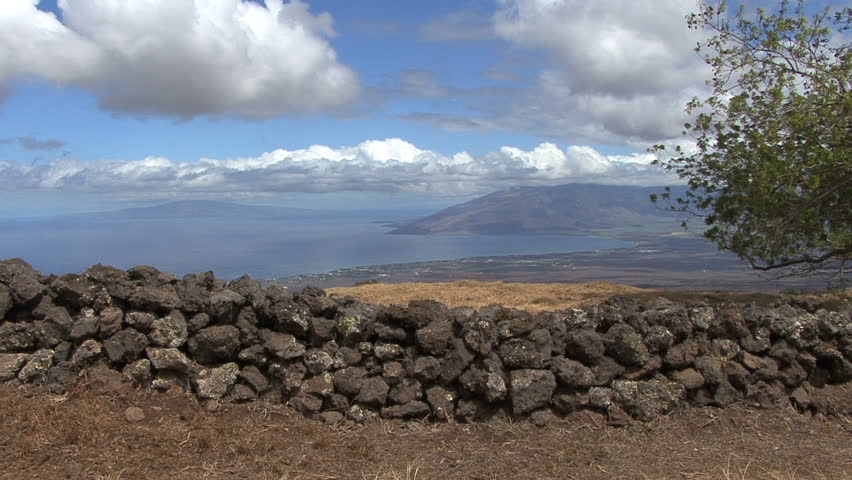 October 2011 - Hawaii - Stone Wall And View Of The Ocean On Maui Stock