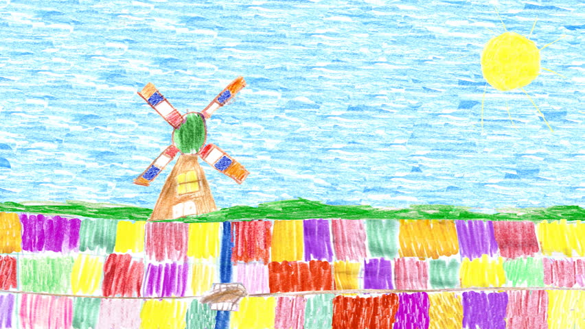 Animated children's drawing of a windmill in a tulip field. - HD stock 