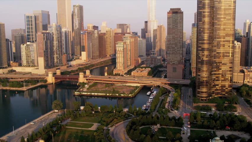 Aerial Sunrise View Downtown Chicago River Skyscrapers, Trump Tower