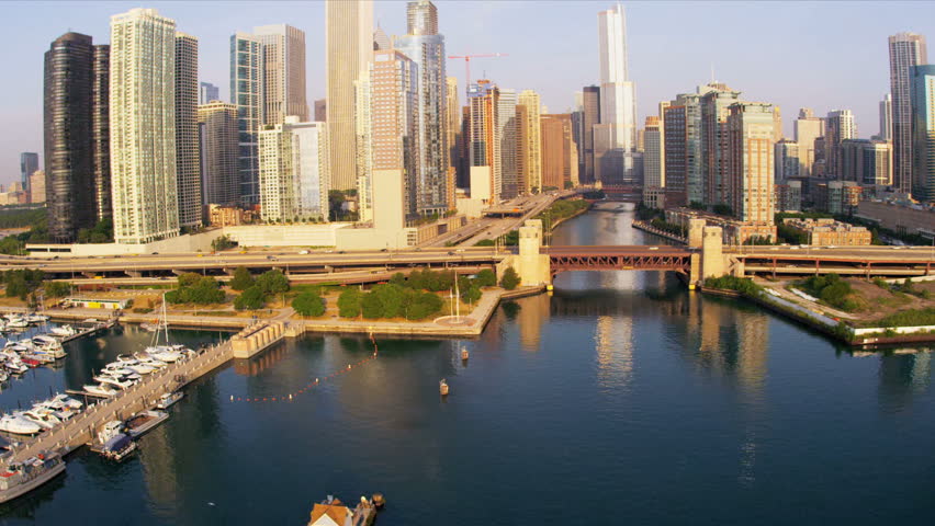 Aerial Sunrise View Downtown Chicago River, Skyscrapers, Trump Tower 