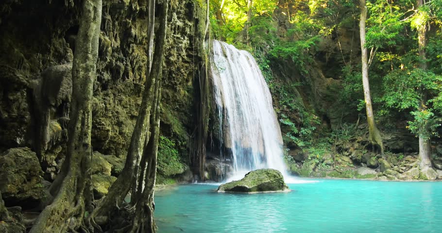 Paradise Jungle Forest With Beautiful Waterfall In Green Lush Of Erawan ...