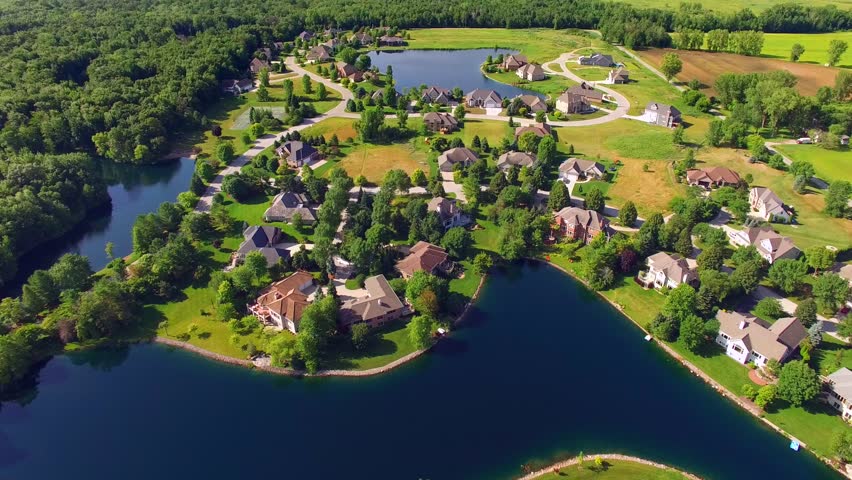 Affluent Rural Suburb With Woods And Lakes, Aerial View. Stock Footage ...