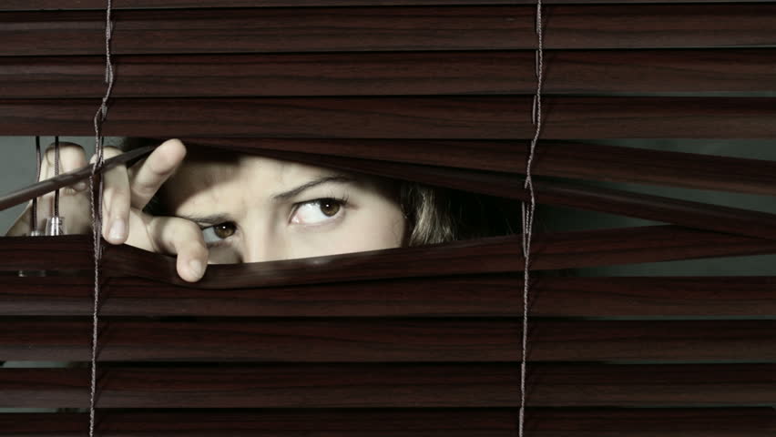 Venetian Blind Opens To Show Frowning, Brown-eyed Young Woman Looking ...