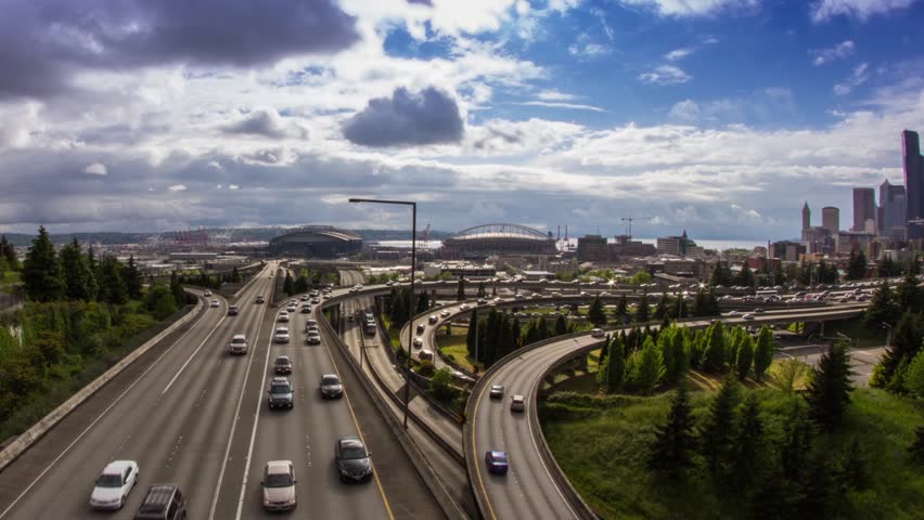 Time Lapse Of High Impact Busy Traffic In Seattle Freeway On A Cloudy ...