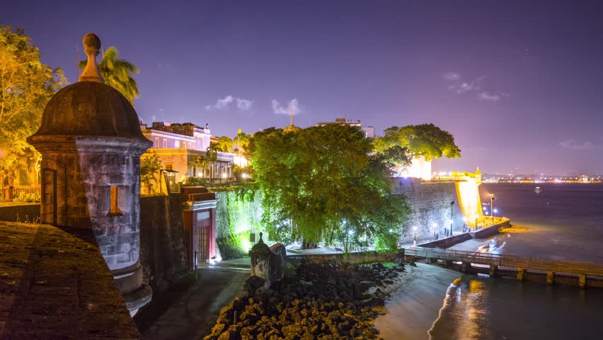 San Juan, Puerto Rico Night Time Time Lapse At The City Walls. Stock ...