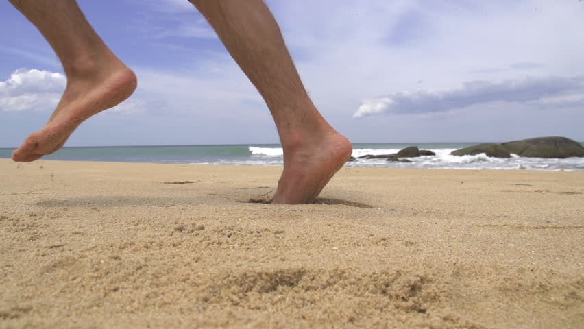 SLOW MOTION: Running On A Sandy Beach Towards Water Stock Footage Video ...