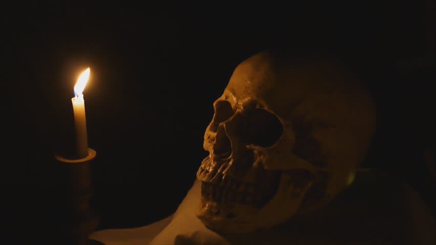 Halloween Image With Human Skull And Burning Candle Stock Footage Video ...