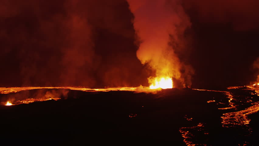 Aerial Night Volcanic Lava Holuhraun Eruption Magma Emerging Land ...