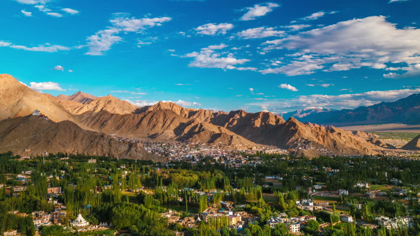 Timelapse Of Sunset Panorama Of Leh City In Himalayas. Ladakh, Jammu ...