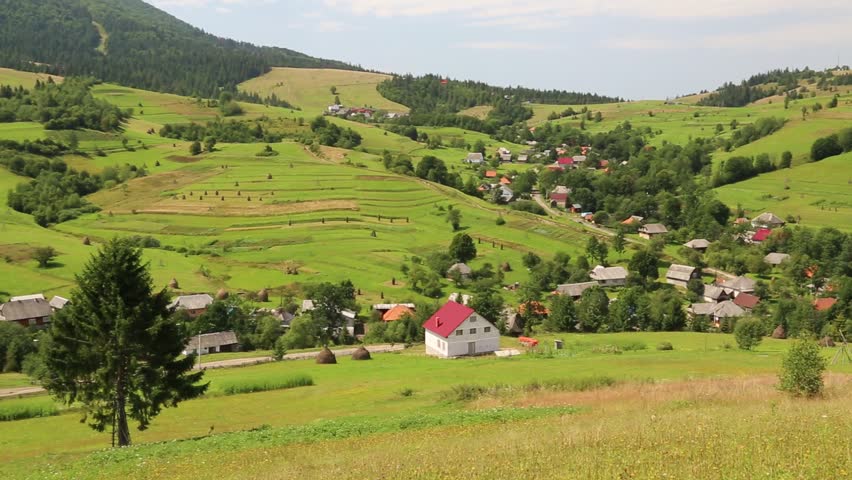 Beautiful Green Hills And Cottage With Red Roof In Village, Ukraine ...