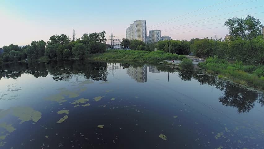 City Pond Near Road At Summer Evening. Aerial View Stock Footage Video ...