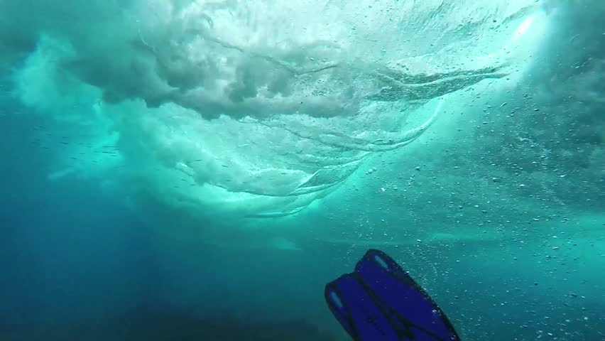 Surfing Wave Breaking Over Coral Reef Passes Snorkeler, Slow Motion ...