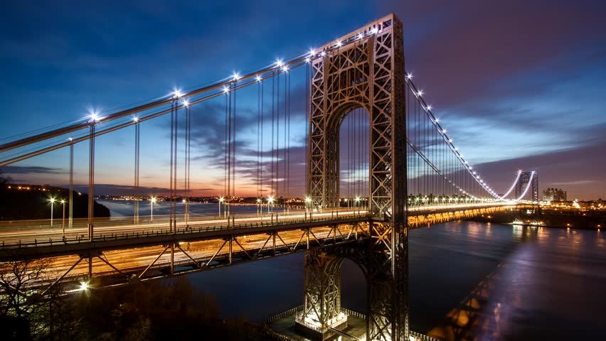 Panning Wide Shot Of The George Washington Bridge Connecting New York ...